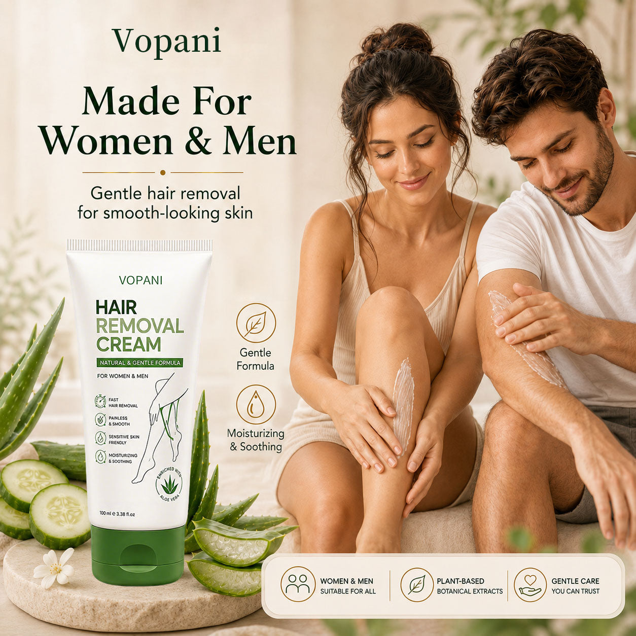 Natural Gentle Hair Removal Cream | For Women & Men, Sensitive Skin