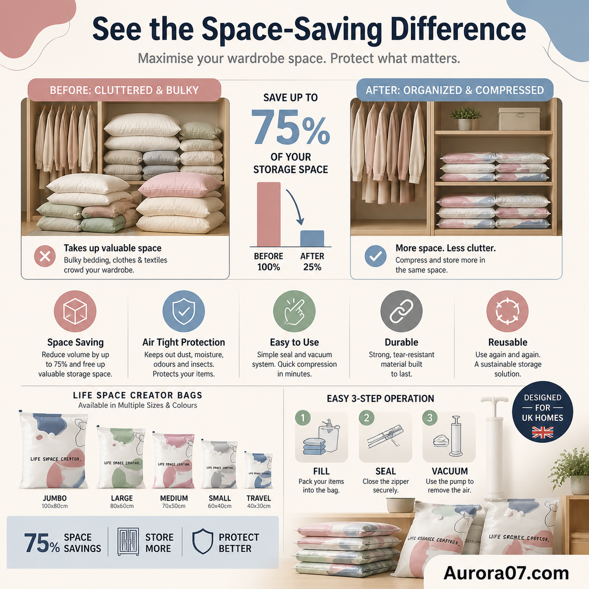 No‑Pump Vacuum Storage Bags – Press & seal, no pump needed. Saves 80% space, keeps clothes dry & dust‑free. Perfect for bulky bedding & off‑season gear. 🛏️🗄️